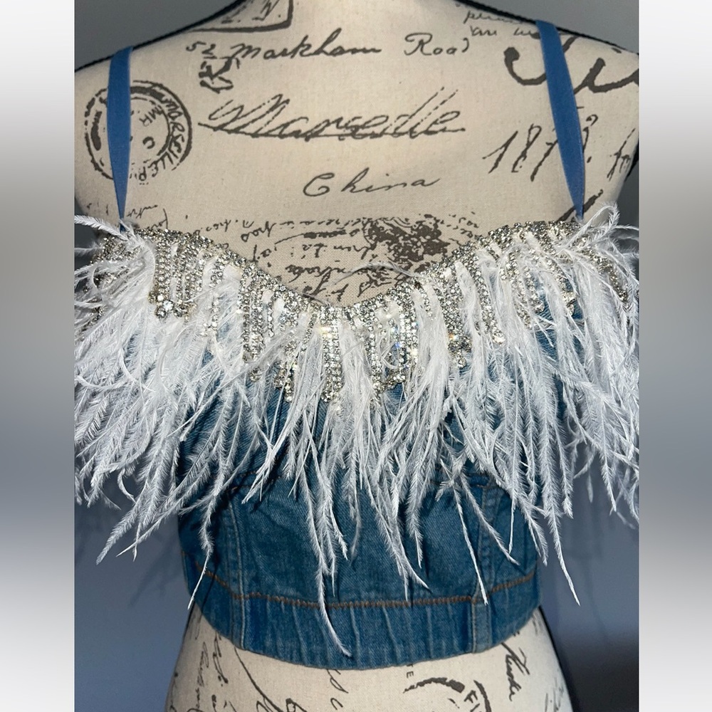 Denim feather embellished  crop top